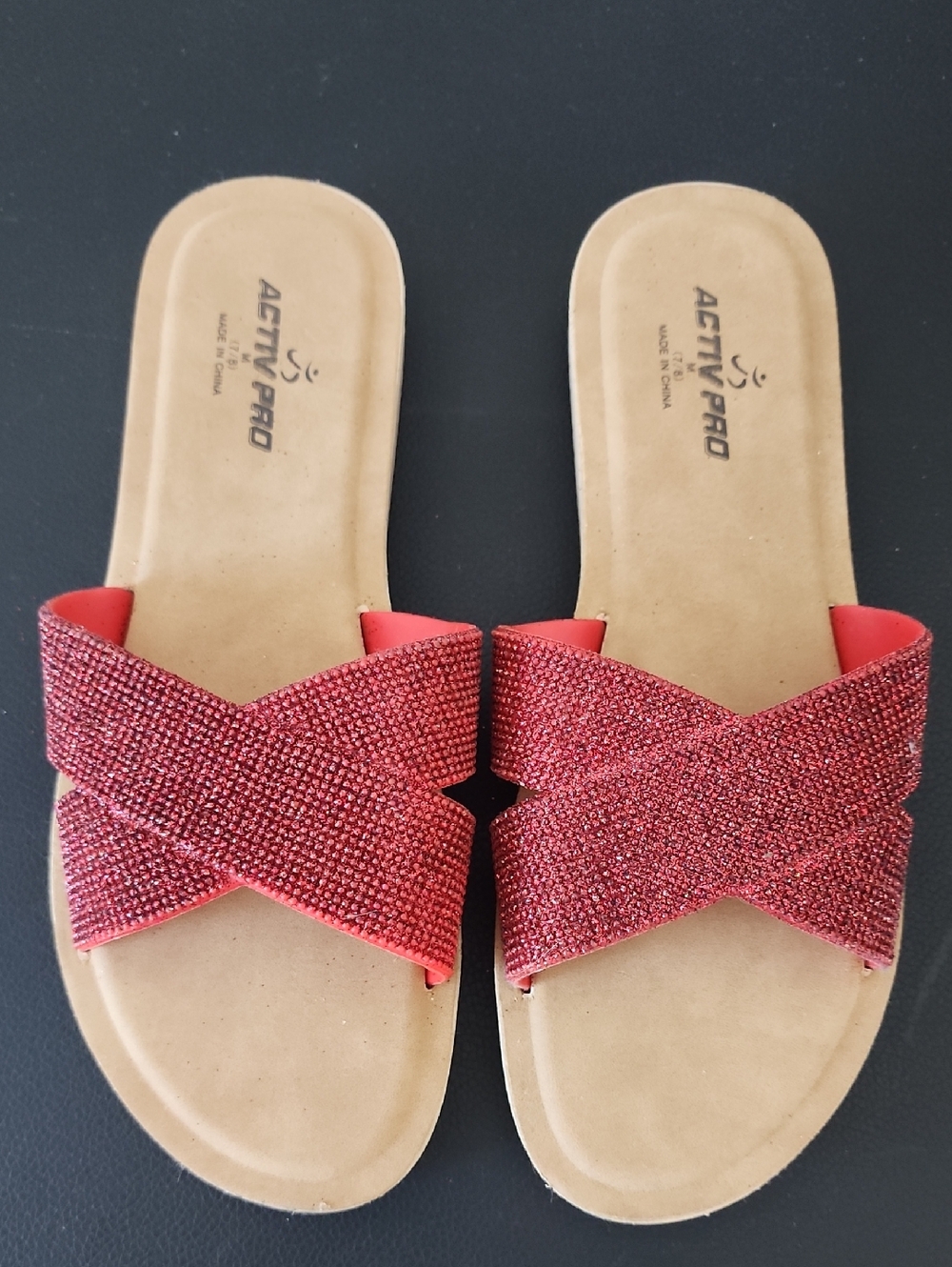 Women's Red Sparkle Cross-Band Slide Sandals